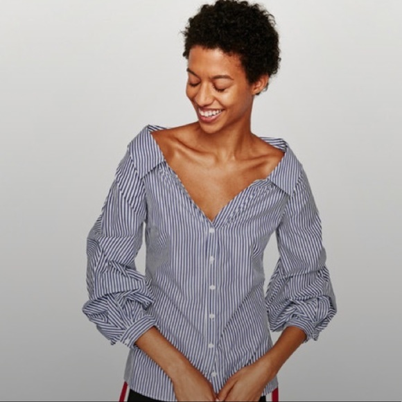 Zara | Tops | Zara Off Shoulder Blue Striped Shirt Medium | Poshmark